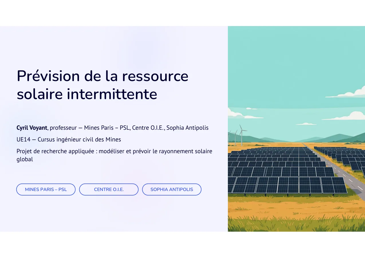Diapositive 1: Prévision de la ressource solaire intermittente