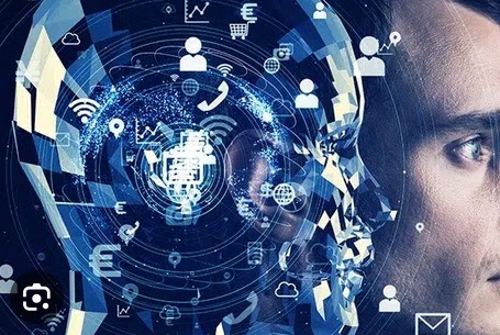 Illustration conceptuelle de la visibilité numérique : un visage humain côtoie un réseau circulaire d’icônes de personnes, de communication et de données. Visuel d’accompagnement de la présentation sur l’excellence scientifique, le SEO et le GEO, sans résultat quantitatif.