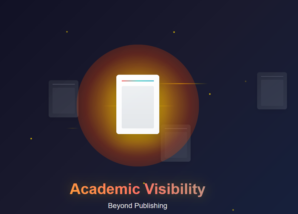 Illustration titled “Academic Visibility, Beyond Publishing”: a brightly illuminated document stands out among darker documents against a dark background. A visual metaphor for research discoverability, without citation counts or measured visibility results.