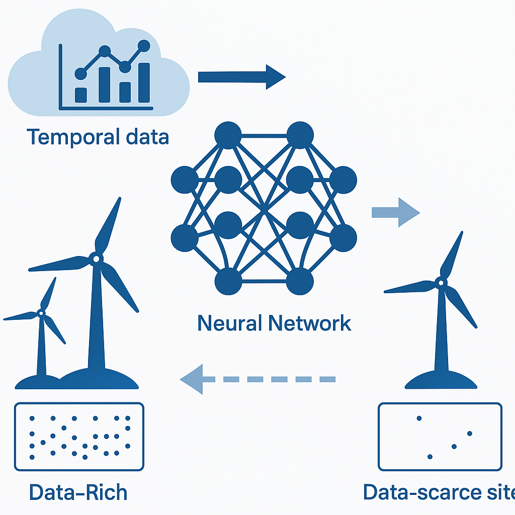 Conceptual transfer-learning illustration linking temporal data, a neural network and wind-energy sites. Arrows represent reuse of a learned model between sites with different data availability; this is a workflow illustration, not a measured accuracy plot.