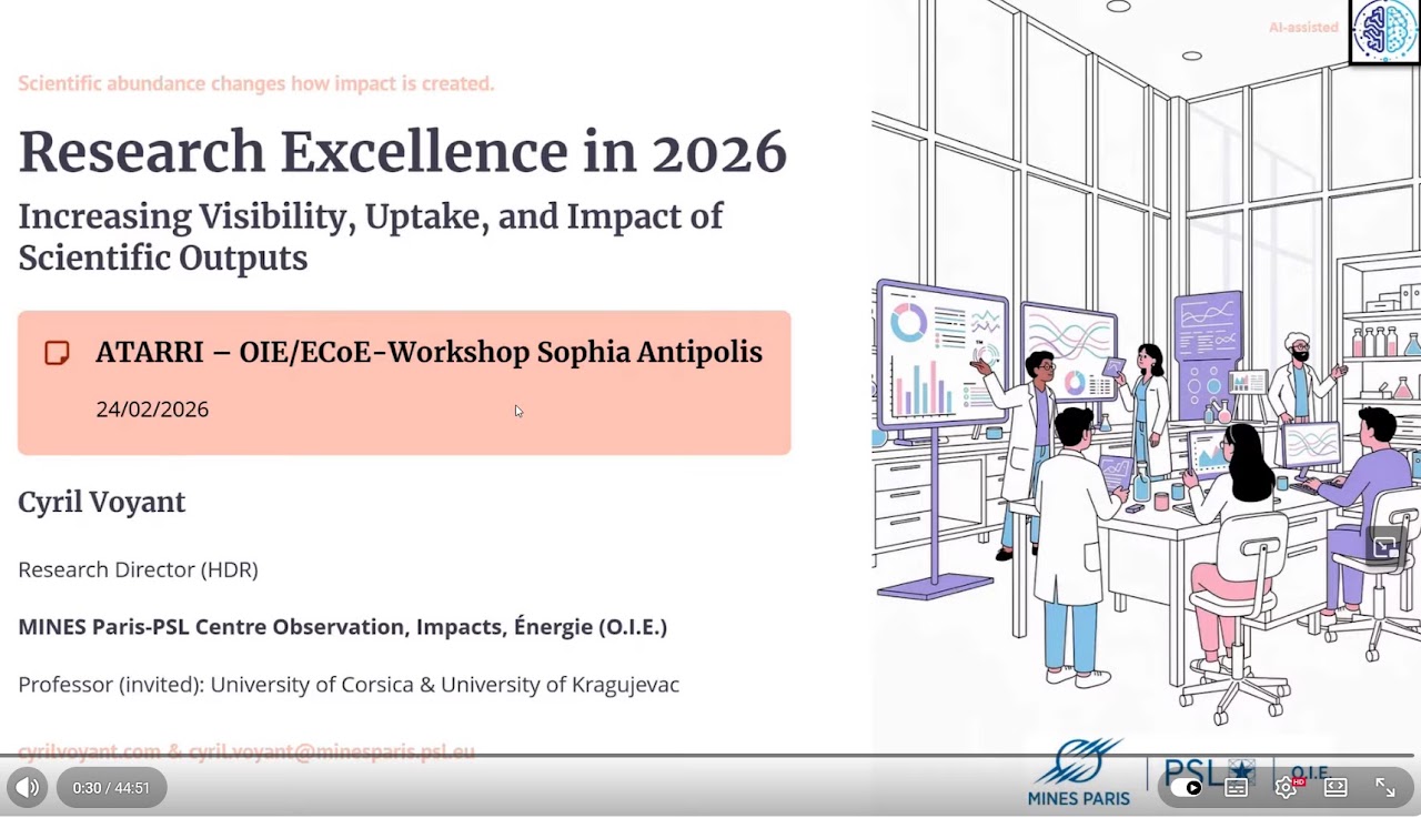 Opening slide of Cyril Voyant’s talk “Research Excellence in 2026: Increasing Visibility, Uptake, and Impact of Scientific Outputs”, presented at the ATARRI–OIE/ECoE workshop in Sophia Antipolis on 24 February 2026. The slide includes a collaborative-laboratory illustration and institutional affiliations.