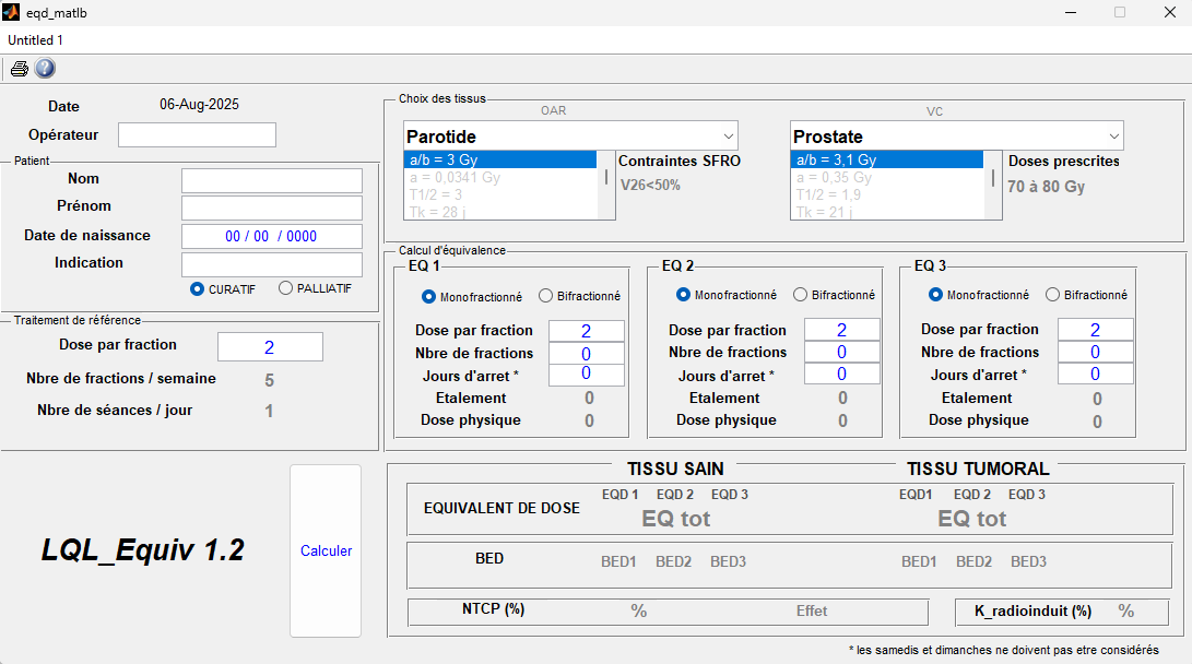 LQL-Equiv 1.2 software interface showing tissue selection, reference fractionation and three treatment components, with output areas for equivalent dose, BED and normal-tissue and tumour indicators. Screenshot of the research software interface, not an individual clinical recommendation.