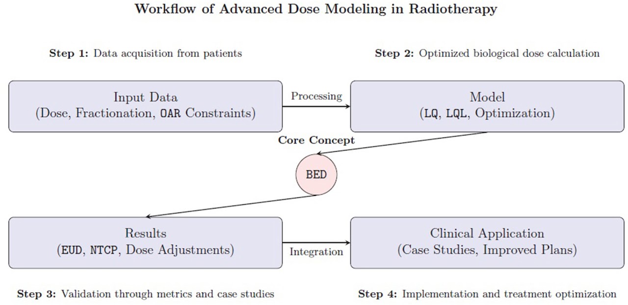 Radiotherapy dose-modelling workflow: dose, fractionation and organ-at-risk constraints feed LQ/LQL modelling; BED links the model to results and potential clinical applications. Conceptual diagram of the analysis process; the arrows do not establish clinical validation or improved patient outcomes.